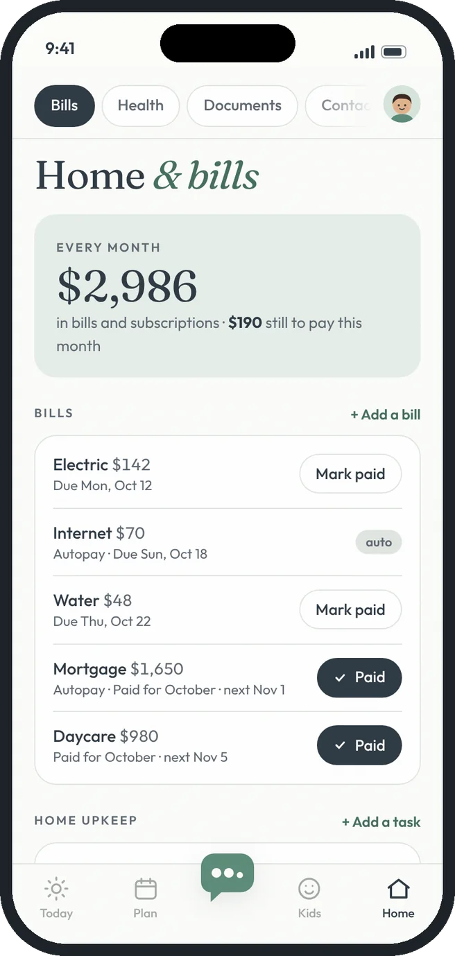 Home and bills screen