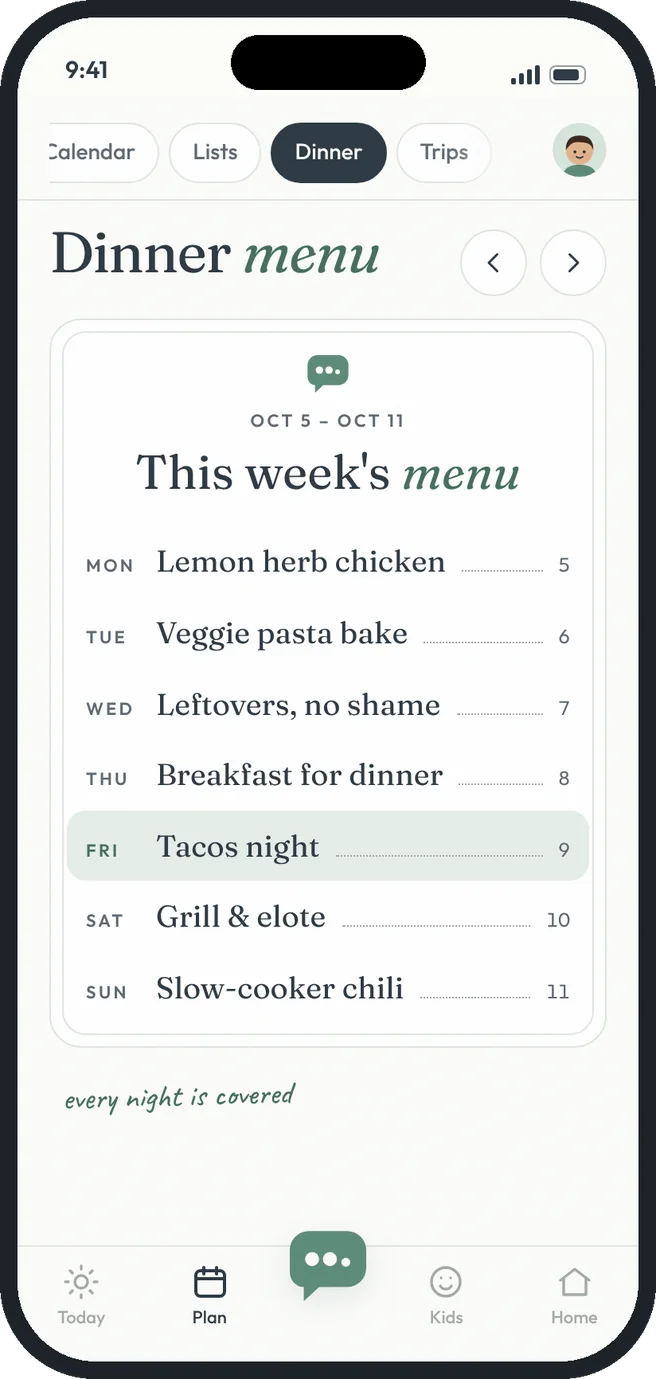Dinner menu screen